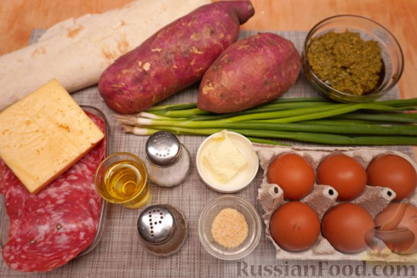 Рулетики из лаваша с бататом, колбасой и яйцами